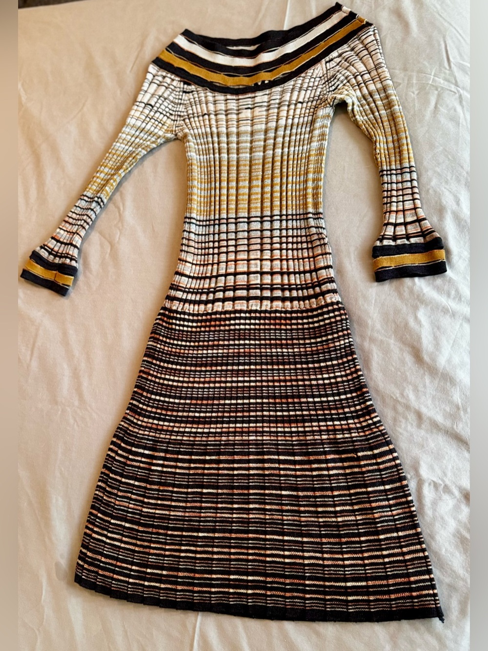 MISSONI Fitted Metallic Silver Black Gold Striped Ribbed Knit Midi Dress w Slip - Picture 3 of 16